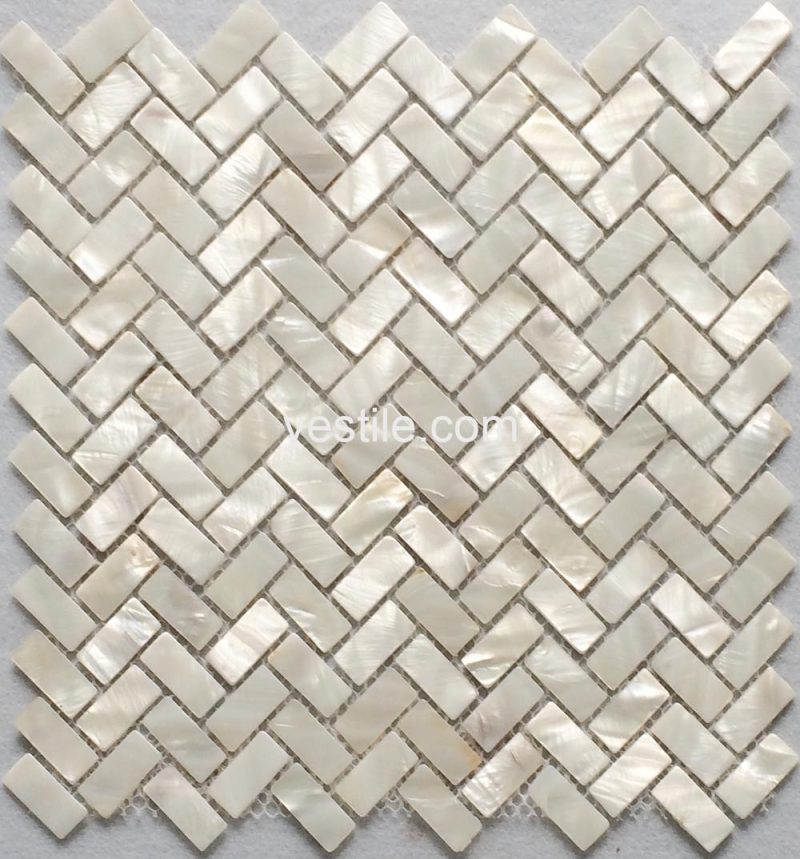 pure white herringbone mother of pearl mosaic tile